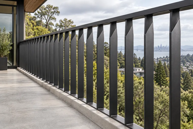 Custom black steel balcony railing overlooking the Bay Area