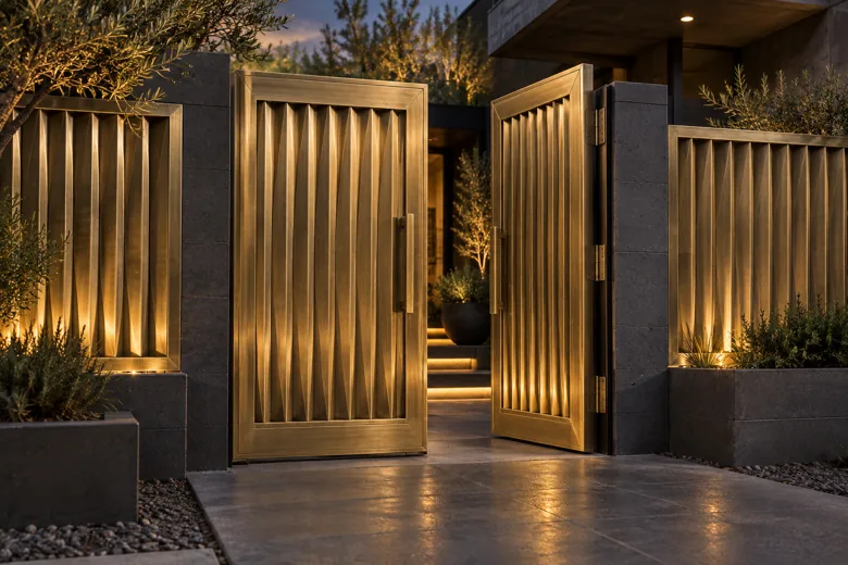 Custom brass entry doors with matching architectural side panels