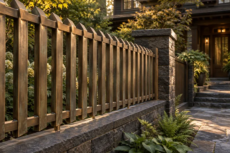 Hand-fabricated bronze fence with a warm natural patina