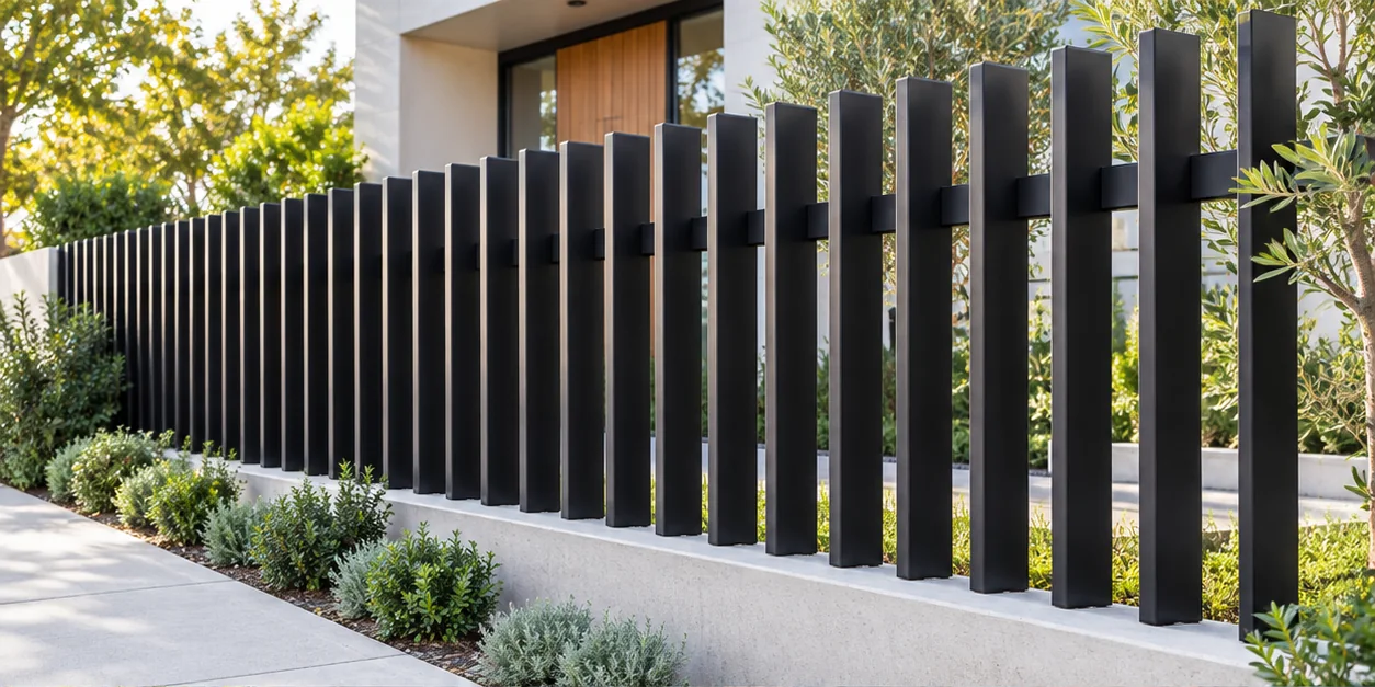 Classic black blade railing in a modern landscaped setting