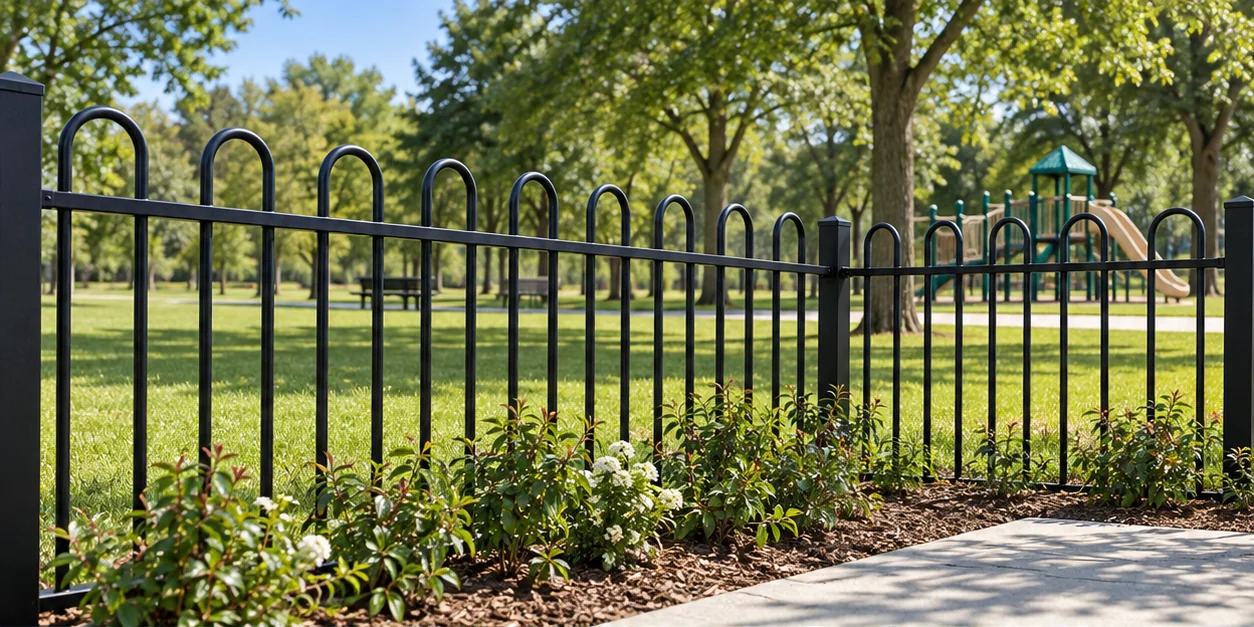 Traditional black bow top railing beside a landscaped park