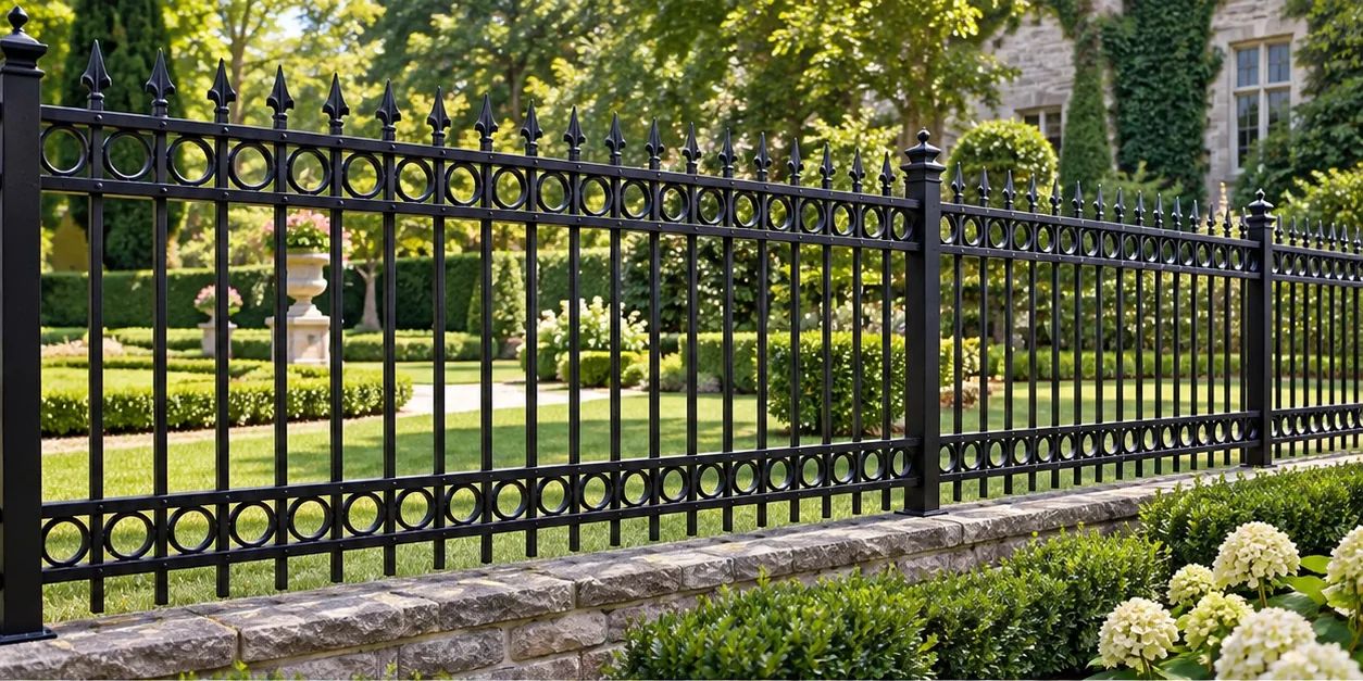 Ornate double ring and spear railing at a formal residence