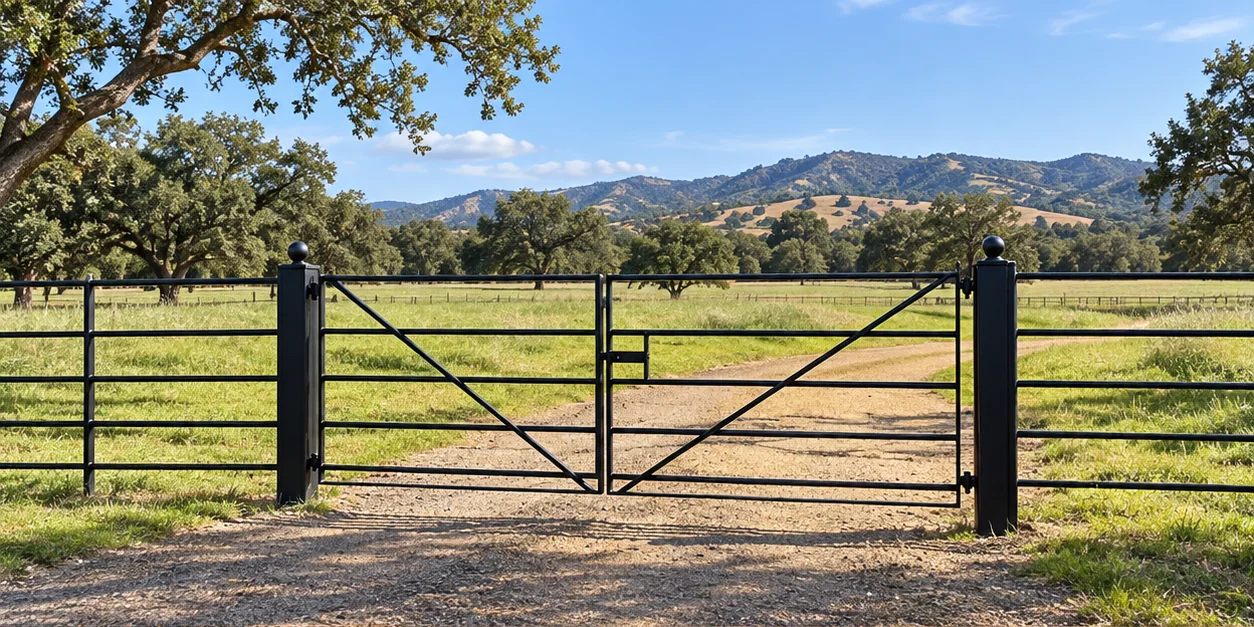 Traditional estate railing and field gate at a ranch entrance