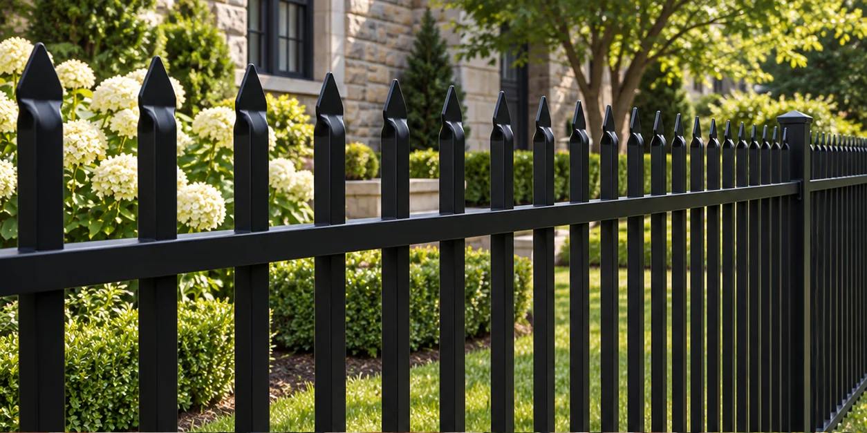 Black pressed spear top railing beside a formal garden