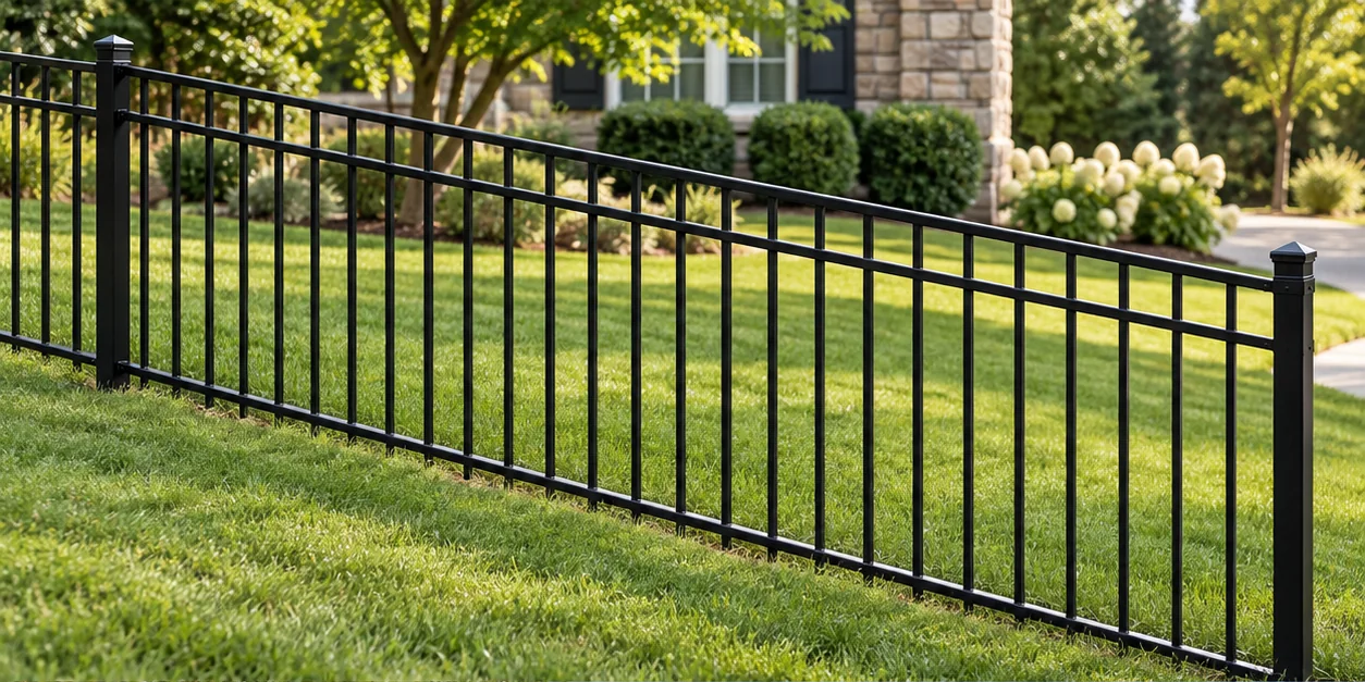 Rackable steel picket railing following a landscaped slope