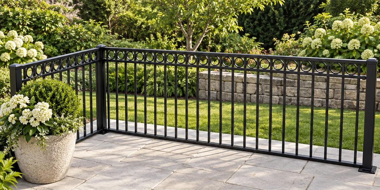 Decorative ring top railing around a stone garden terrace