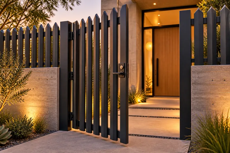 Custom charcoal steel pedestrian gate at a modern home