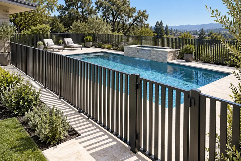 Black steel pool enclosure with a matching self-closing gate